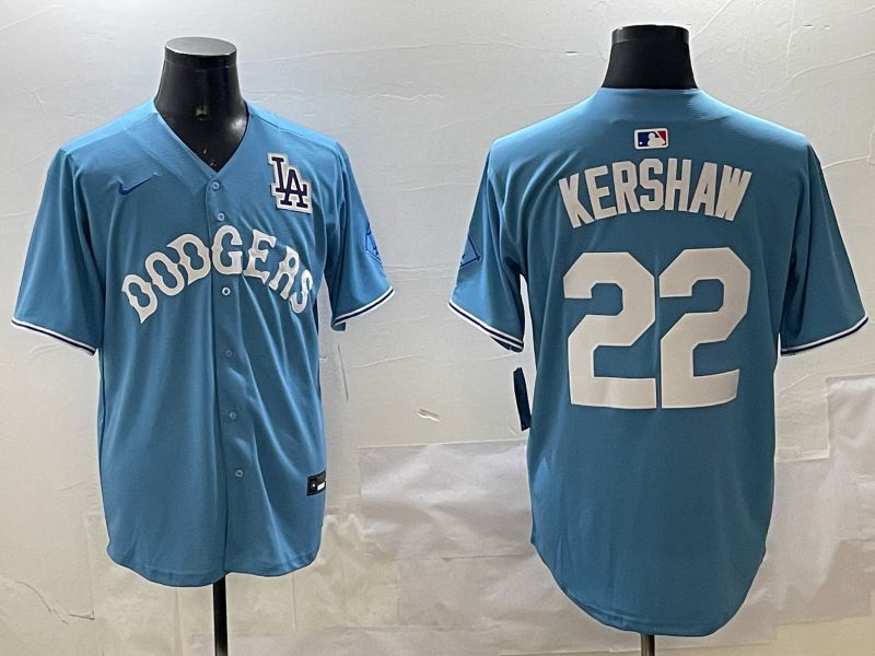 Men Los Angeles Dodgers 22 Kershaw Light Blue Joint Name 2025 Nike MLB Jersey style 6